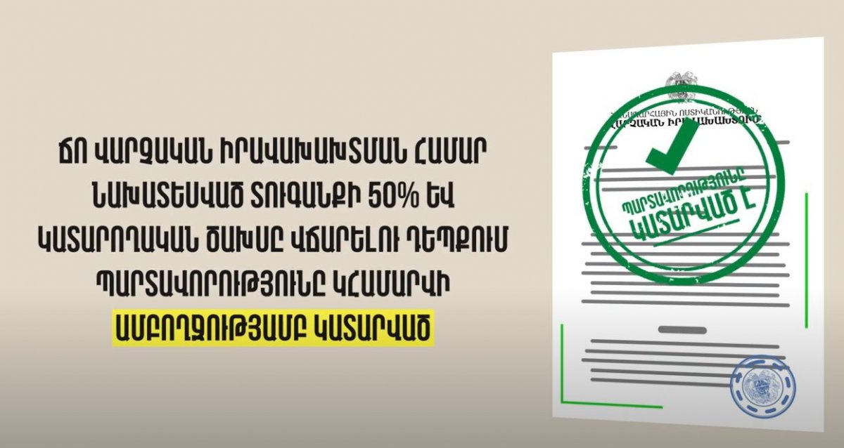 Եռամսյա ժամկետում վճարելով մինչև 2024 թվականի ապրիլի 5-ը հարկադիր կատարման ներկայացված ՃՈ ակտերի 50 տոկոսը և համապատասխան կատարողական ծախսը՝ պարտավորությունը կհամարվի ամբողջությամբ կատարված